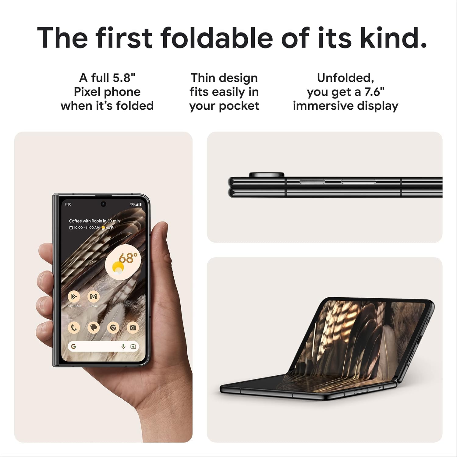 Google Pixel Fold - Smartphone Android 5G desbloqueado con lente teleobjetivo y lente ultraancha - Pantalla plegable - Batería de 24 horas - Obsidiana - 256 GB