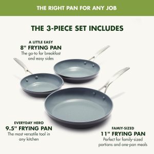 GreenPan Valencia Pro Hard Anodized 3 Piece Fry Pan Skillet Set, Ceramic Nonstick 8" 9.5" and 11" Induction Suitable Frying Pans, PFAS-Free Cookware, Dishwasher Safe, Oven and Broiler Safe, Gray