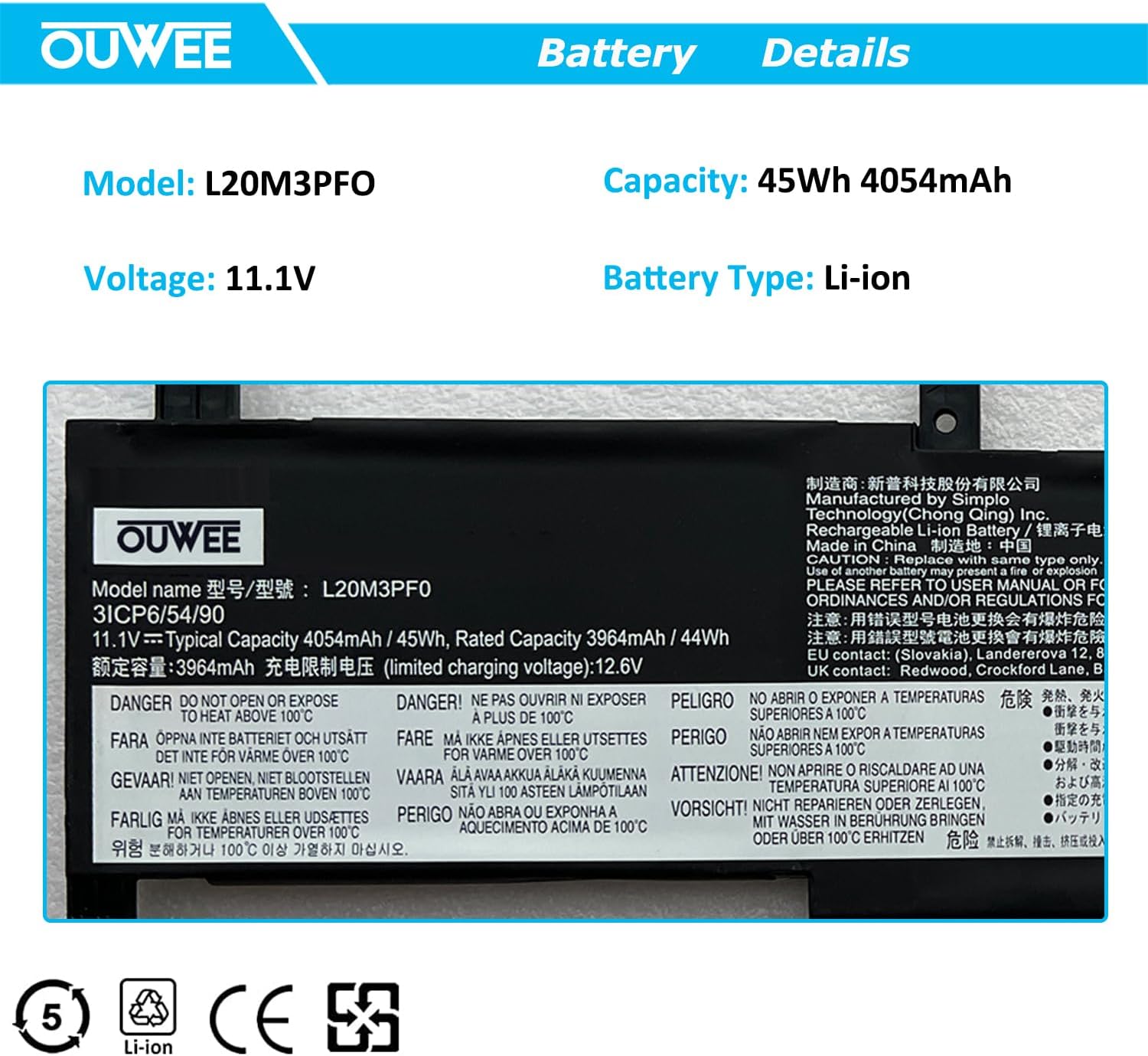 L20M3PF0 Laptop Battery Compatible with Lenovo IdeaPad 3-14ITL6 3-15ITL6 3-17ITL6 / S14 V14 V15 V17 G2-ITL G3-IAP / K14 Series L20C3PF0 L20L3PF0 L20M3PF0 45Wh 4054mAh 11.1V