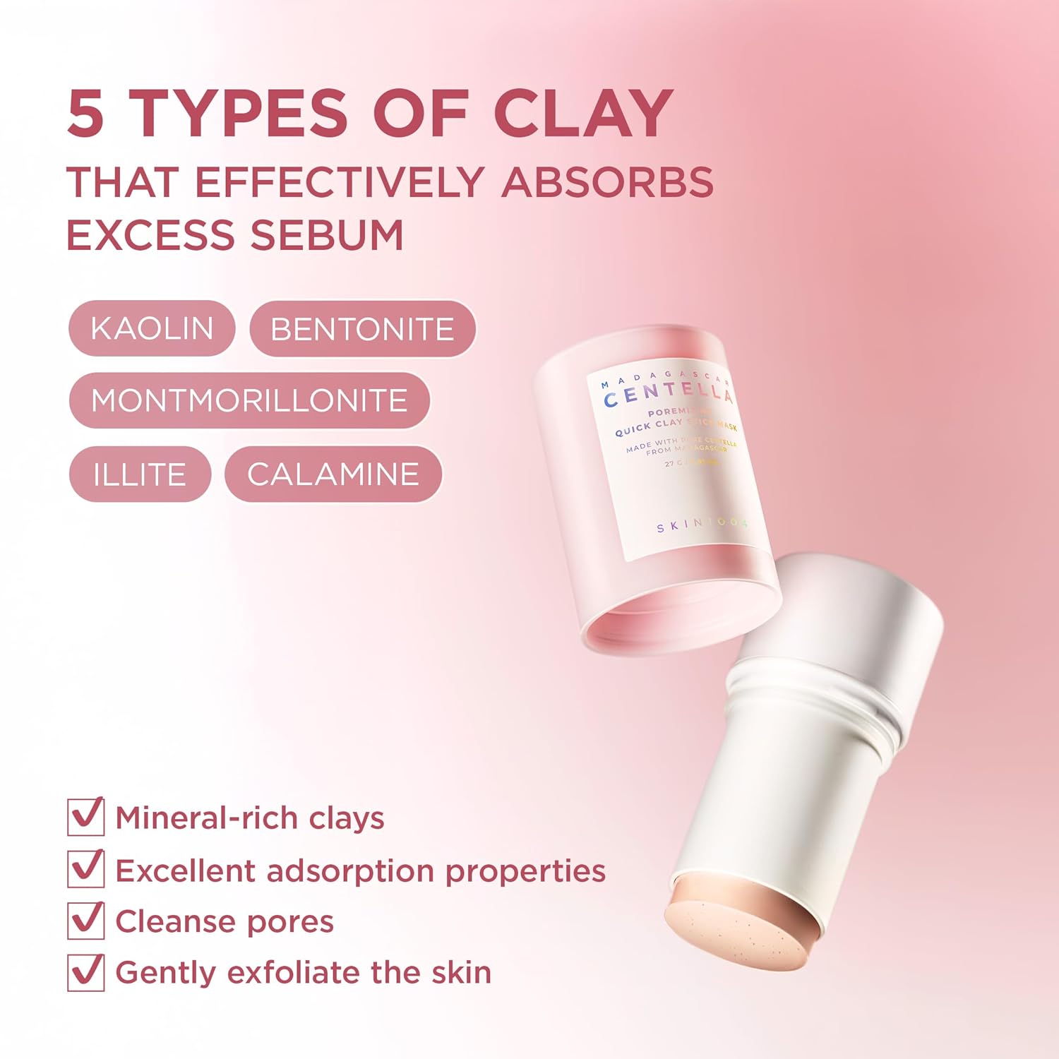 SKIN1004 Máscara de Barra de Arcilla Rápida Poremizing 27g, 0.95oz, Tratamiento Facial Coreano para Minimización de Poros, Máscara de Arcilla Rosa con Sal Rosa del Himalaya y Centella de Madagascar