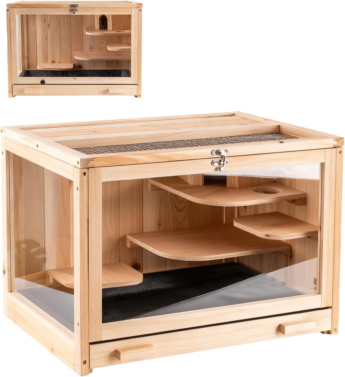 Hamster Cage Wooden Chew Proof, Large Hamster Cages and Habitats, Openable Top with Acrylic Sheets, Solid Built Small Animal Cage,Easy to Assemble