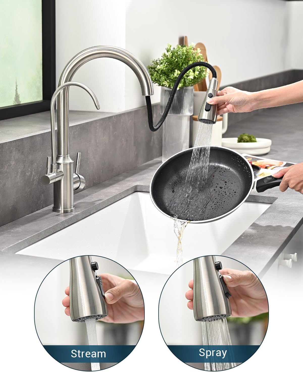 APPASO Kitchen Faucet with Water Filter, Pull Out 3 Way Sink Faucets with Sprayer, High Arch 2 Handle Faucet - 2 in 1 Faucets Brushed Nickel, Without Water Filtration Device