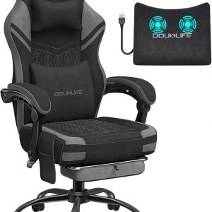 Gaming Chair, Fabric Computer Chair with Massage, Office Chair with Pocket Spring Widened Cushion, High Back Ergonomic Chair with Footrest Lumbar Support Upgraded Metal Legs 350LBS (Grey)