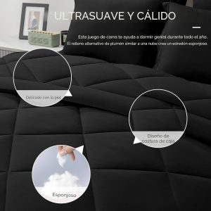 Love's cabin Juego de edredón tamaño matrimonial negro, 7 piezas de cama matrimonial en una bolsa, juegos de ropa de cama para todas las estaciones con 1 edredón, 1 sábana encimera, 1 sábana bajera, 2