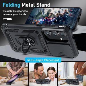 Janmitta Compatible with Samsung Galaxy S25 FE Case Built in Slide Camera Lens Cover+Screen Protector+Finger Ring Holder Kickstand,Heavy Duty Shockproof Full Body Phone Cover,2025 Black