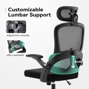 SIHOO Ergonomic Office Chair, Adjustable Lumbar Support, 110-130° Tilt, 3D Flip Up Armrests, Rolling Computer Desk Chair with Headrest-Dark Black