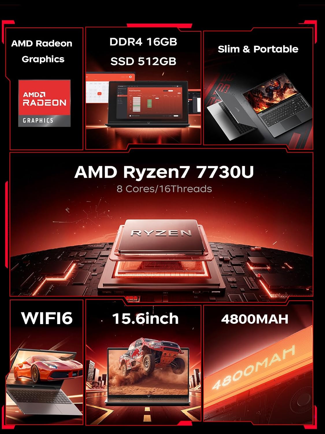 Laptop para juegos 2026 con procesador AMD Ryzen 7 7730U de 8 núcleos (hasta 4.5 GHz, 16 GB DDR4 RAM 512 GB SSD, gráficos AMD Radeon, WiFi pantalla IPS de 6,15.6 pulgadas, cámara web