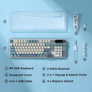 RK ROYAL KLUDGE S98 Teclado mecánico con pantalla inteligente y perilla, teclado mecánico inalámbrico de montaje superior 96% BT/2.4G/USB-C, intercambiable en caliente, soporte de software, sonido