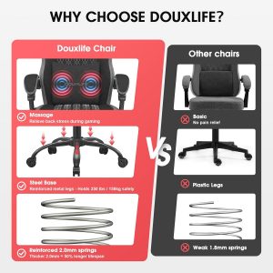 Gaming Chair, Fabric Computer Chair with Massage, Office Chair with Pocket Spring Widened Cushion, High Back Ergonomic Chair with Footrest Lumbar Support Upgraded Metal Legs 350LBS (Grey)