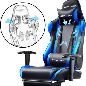 GTPLAYER Gaming Chair with Footrest, Ergonomic Computer Game Desk Chair, Reclining Game Chair Seat Height Adjustment, Swivel Rocker with Headrest and Lumbar (Blue)