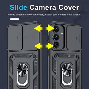 Janmitta Compatible with Samsung Galaxy S25 FE Case Built in Slide Camera Lens Cover+Screen Protector+Finger Ring Holder Kickstand,Heavy Duty Shockproof Full Body Phone Cover,2025 Black