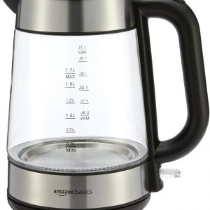 Amazon Basics Electric Kettle with Glass Carafe for Tea and Coffee, BPA-Free, Fast Boiling, Auto Shut-Off, 1.7 Liter, 1500W, Black and Silver
