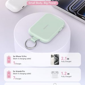 RORRY Cargador portátil, batería de poder portátil de 5000mAh con cables incorporados, paquete de batería de llavero de viaje para iPhone 17/16/15/14/13/12, para AirPods 2/3/4/Pro, Verde