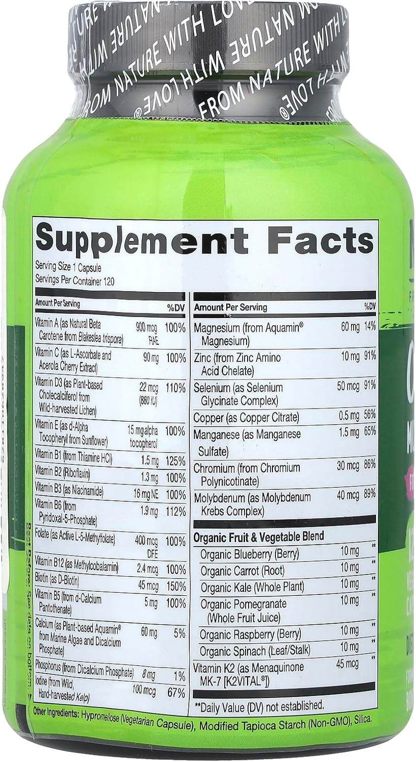 NATURELO One Daily Multivitamin for Women 50+ (Iron Free) - Menopause Support for Women Over 50 - Whole Food Supplement - Non-GMO - No Soy - 120 Capsules - 4 Month Supply