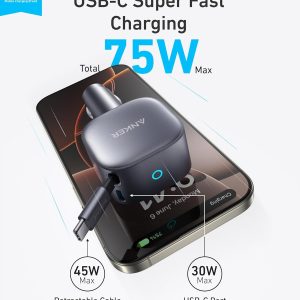 Anker USB-C Car Charger, 75W Max Ultra-Compact Type-C Fast Car Charger with Built-in Retractable Cable Car Adapter for iPhone 15/14 Series, Samsung S24/S23, MacBookPro/Air, iPad, and More