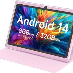 HOTTABLET Tablet 7Inch Android 14.0 with Protective Case, 8GB(4+4GB Expand) RAM+ 32GB ROM, IPS Screen, Dual Camera, Bluetooth 5.0 WiFi Tab (Pink)