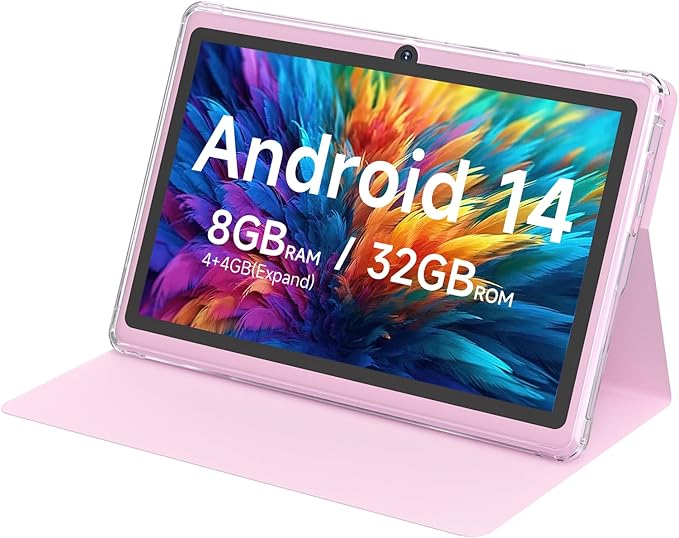 HOTTABLET Tablet 7Inch Android 14.0 with Protective Case, 8GB(4+4GB Expand) RAM+ 32GB ROM, IPS Screen, Dual Camera, Bluetooth 5.0 WiFi Tab (Pink)