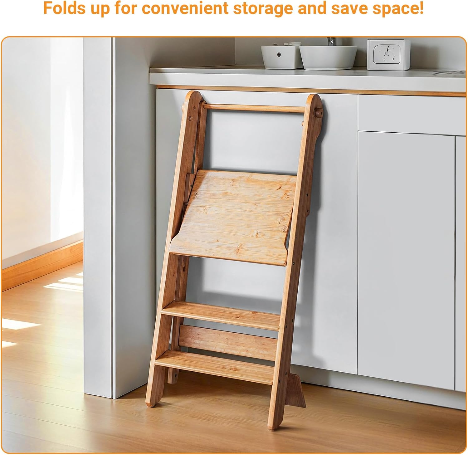 COSYLAND Torre plegable de pie para niños – Taburete plegable de altura ajustable para niños pequeños taburete de cocina ayudante para aprender y cocinar – Edades 18 meses a 6 años con red de