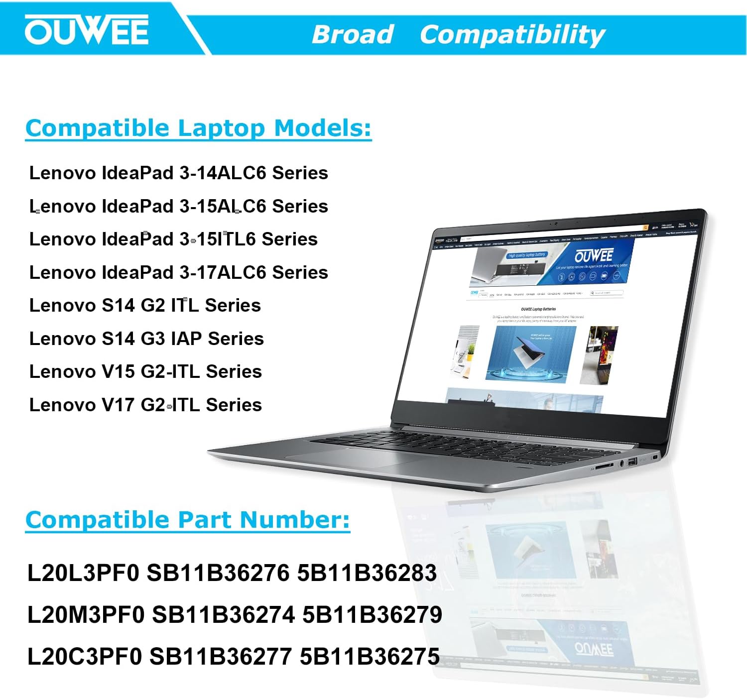 L20M3PF0 Laptop Battery Compatible with Lenovo IdeaPad 3-14ITL6 3-15ITL6 3-17ITL6 / S14 V14 V15 V17 G2-ITL G3-IAP / K14 Series L20C3PF0 L20L3PF0 L20M3PF0 45Wh 4054mAh 11.1V