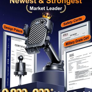 YRU True Military-Grade [360° Rotation Suction] 2026 Ultimate Car Phone Holder Mount 【90+LBS Safest Strongest & Patent Certs】 Dashboard Windshield Vent for iPhone 17 16 Pro Max Samsung, Gloss Black