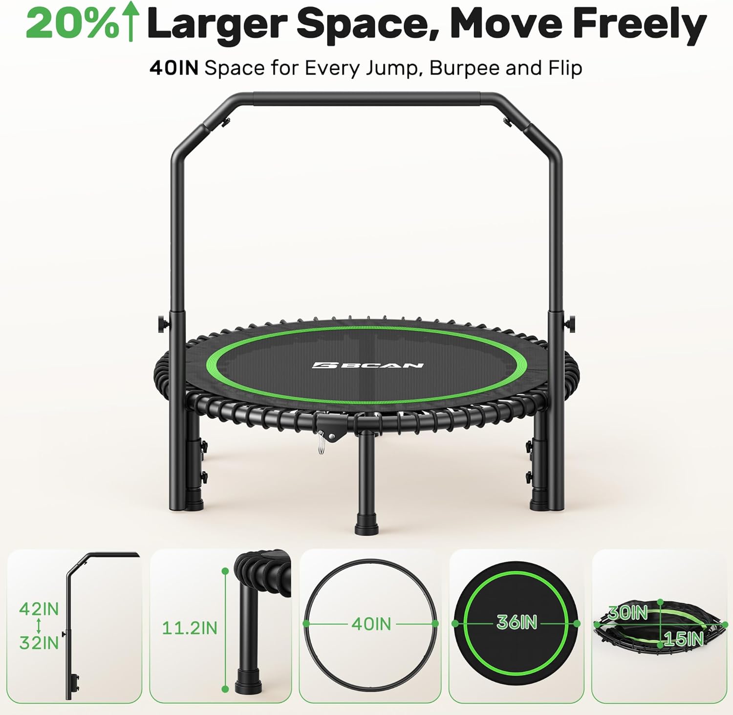 BCAN BT2 450/550LBS Mini Rebounder Trampoline for Adults with Bar, Fitness Trampoline with Bungees, Adjustable Handle, Stable & Quiet, Indoor Outdoor, Whole-Body Workout & Relaxation at Home-40IN/48IN