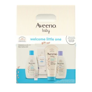 Aveeno Baby Welcome Little One - Set de regalo para el cuidado de la piel con gel corporal nutritivo y champú, lavado de baño relajante, toallitas completas, loción hidratante diaria y bálsamo, 5