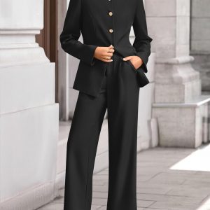 ZESICA Conjunto de trajes de dos piezas de primavera 2026 para mujer, casual, de negocios, de manga larga, chaqueta, pantalones de pierna ancha, conjuntos de trabajo