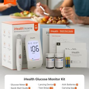 iHealth Acacia Blood Glucose Monitor Kit, 100 Glucometer Strips, 100 Lancets, 1 Blood Sugar Monitor, 1 Lancing Device, 1 Travel Bag, No Coding, Portable Blood Sugar Testing Kit, Diabetes Testing