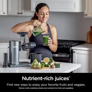 Ninja NeverClog Cold Press Juicer, Powerful Slow Juicer with Total Pulp Control, Countertop, Electric, 2 Pulp Functions, Dishwasher Safe, 2nd Generation, Charcoal, JC151 (Renewed)