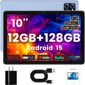 Winsing Android Tablet 10 Inch, Android 15 Tablets 2025 for Adults, Octa-Core, 12GB RAM,128GB Storage(2TB Expandable), Large Touch Screen Tablet with 10H Battery Life,WiFi & Bluetooth 5.0, Haze Blue