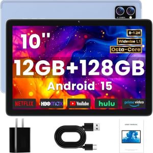 Winsing Android Tablet 10 Inch, Android 15 Tablets 2025 for Adults, Octa-Core, 12GB RAM,128GB Storage(2TB Expandable), Large Touch Screen Tablet with 10H Battery Life,WiFi & Bluetooth 5.0, Haze Blue