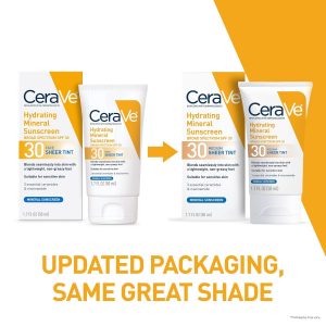CeraVe Protector solar mineral hidratante SPF 30 con tinte transparente, protector solar mineral tintado con óxido de zinc y dióxido de titanio, se mezcla sin problemas para un brillo saludable
