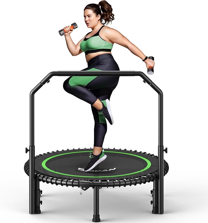 BCAN BT2 450/550LBS Mini Rebounder Trampoline for Adults with Bar, Fitness Trampoline with Bungees, Adjustable Handle, Stable & Quiet, Indoor Outdoor, Whole-Body Workout & Relaxation at Home-40IN/48IN
