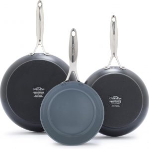 GreenPan Valencia Pro Hard Anodized 3 Piece Fry Pan Skillet Set, Ceramic Nonstick 8" 9.5" and 11" Induction Suitable Frying Pans, PFAS-Free Cookware, Dishwasher Safe, Oven and Broiler Safe, Gray