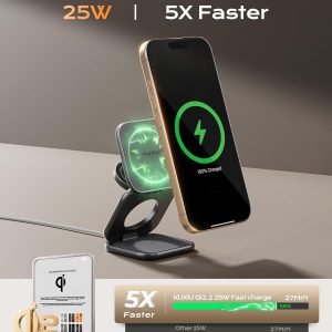 KU XIU Qi2.2 25W Magnetic Wireless Charger, Foldable 3 in 1 Travel Charging Station for iPhone 17/16/15/14/13/12, 5W for Apple Watch & AirPods, Aluminum Alloy Design, 45W GaN Adapter Included, Gray
