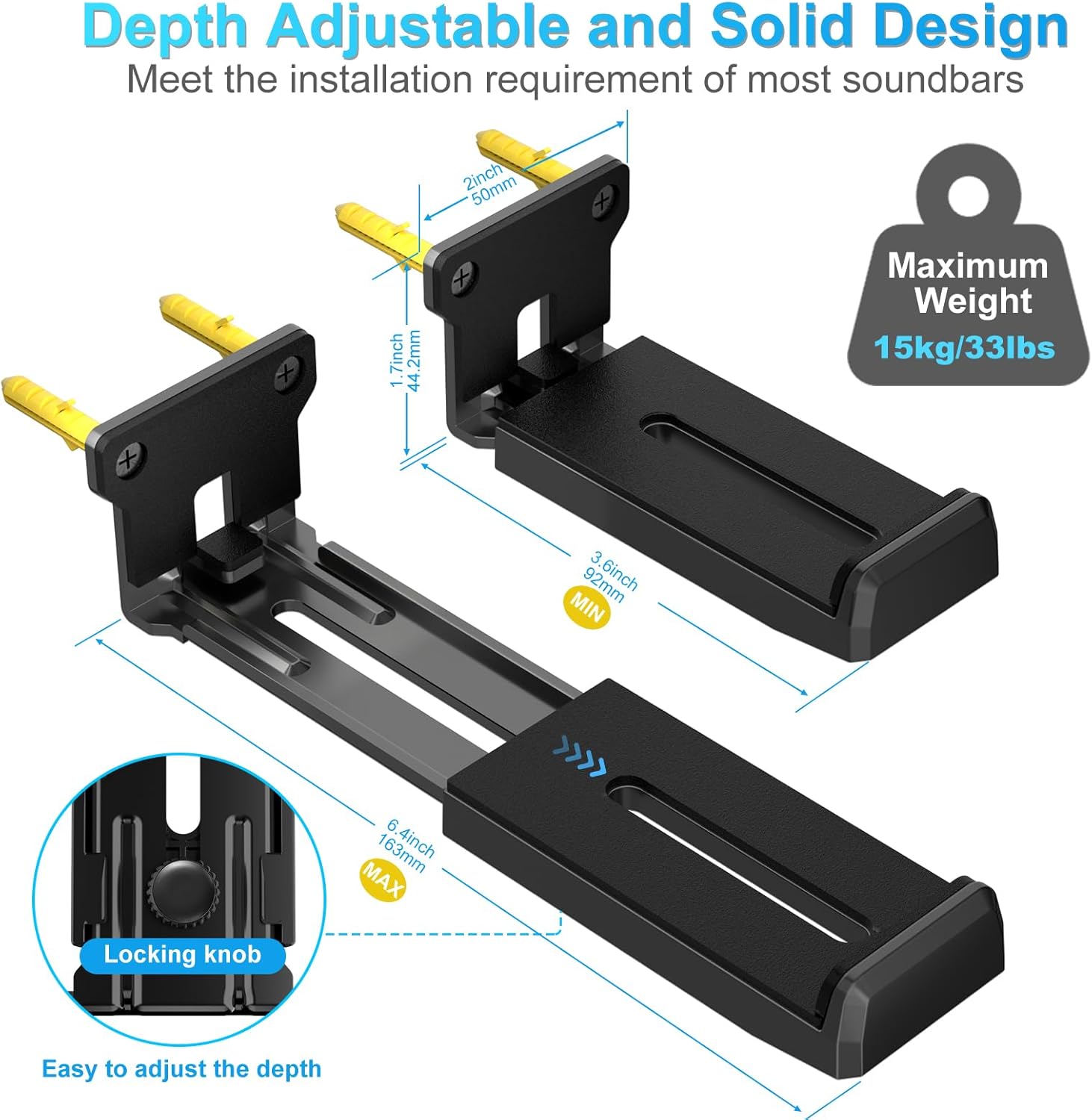 ZUOLACO Soporte de Montaje en Pared para Barra de Sonido para Samsung, Bose, Vizio, LG, Sony, JBL, Sonos y Más Soportes de Barras de Sonido Debajo del TV, Soporta hasta 33 lbs, Profundidad Ajustable