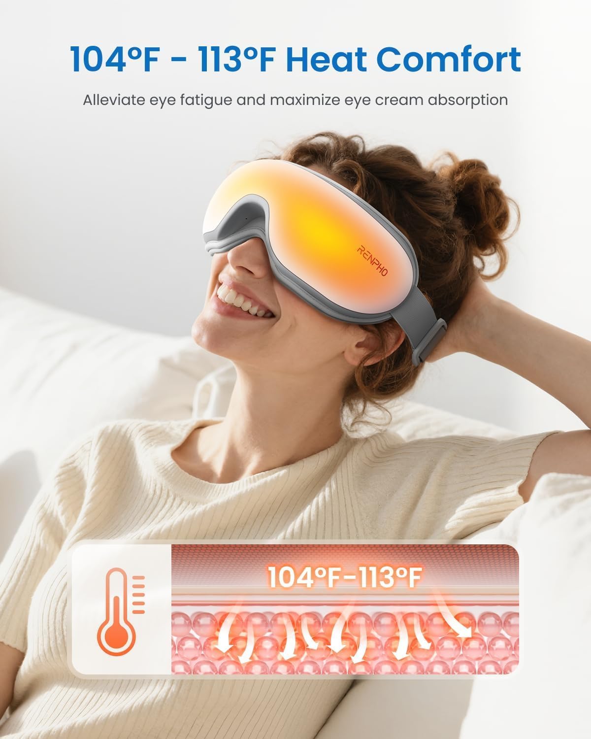 RENPHO - Masajeador de ojos con calor, masajeador de calor recargable con música Bluetooth para relajar y reducir la tensión de los ojos, ojeras y bolsas de los ojos, mejora el sueño, regalos familiares ideales (blanco)