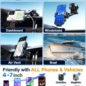 YRU True Military-Grade [360° Rotation Suction] 2026 Ultimate Car Phone Holder Mount 【90+LBS Safest Strongest & Patent Certs】 Dashboard Windshield Vent for iPhone 17 16 Pro Max Samsung, Gloss Black