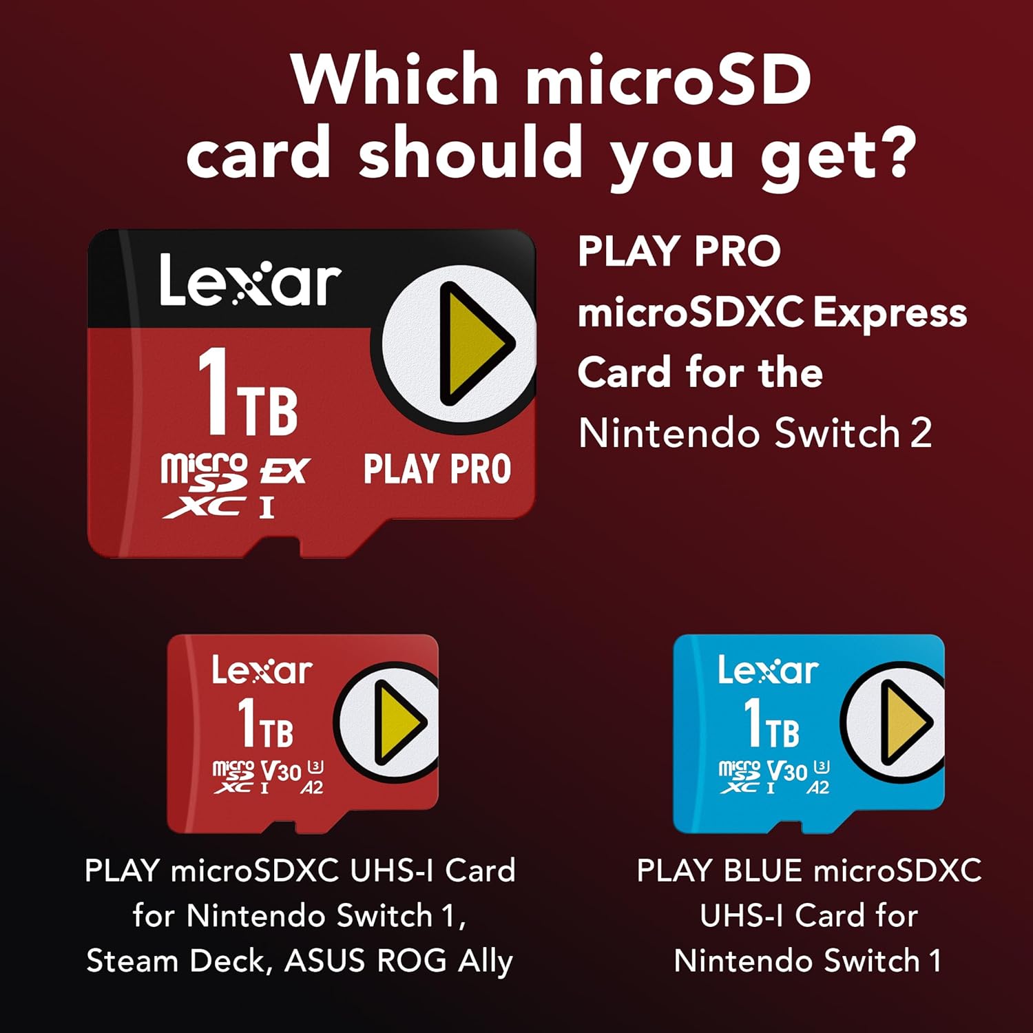 Lexar Tarjeta microSD Express Play PRO de 512 GB, UHS-I, C10, U3, V30, Full HD, 4K, tarjeta de memoria de hasta 900/600 MB/s, compatible con Nintendo-Switch 2, ASUS ROG Ally, Steam Deck, Gaming