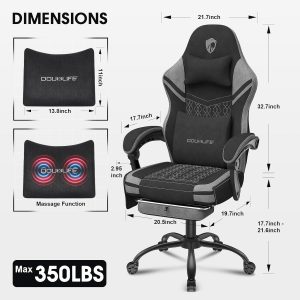 Gaming Chair, Fabric Computer Chair with Massage, Office Chair with Pocket Spring Widened Cushion, High Back Ergonomic Chair with Footrest Lumbar Support Upgraded Metal Legs 350LBS (Grey)