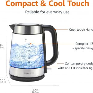 Amazon Basics Electric Kettle with Glass Carafe for Tea and Coffee, BPA-Free, Fast Boiling, Auto Shut-Off, 1.7 Liter, 1500W, Black and Silver