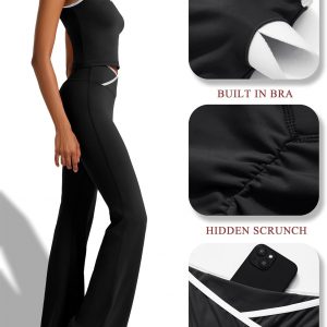 RXRXCOCO Conjunto de entrenamiento de 2 piezas para mujer, leggings acampanados, levantamiento de glúteos, conjunto de camiseta a juego con bloques de color, para gimnasio, yoga