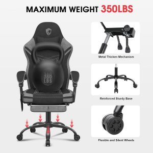 Gaming Chair, Fabric Computer Chair with Massage, Office Chair with Pocket Spring Widened Cushion, High Back Ergonomic Chair with Footrest Lumbar Support Upgraded Metal Legs 350LBS (Grey)
