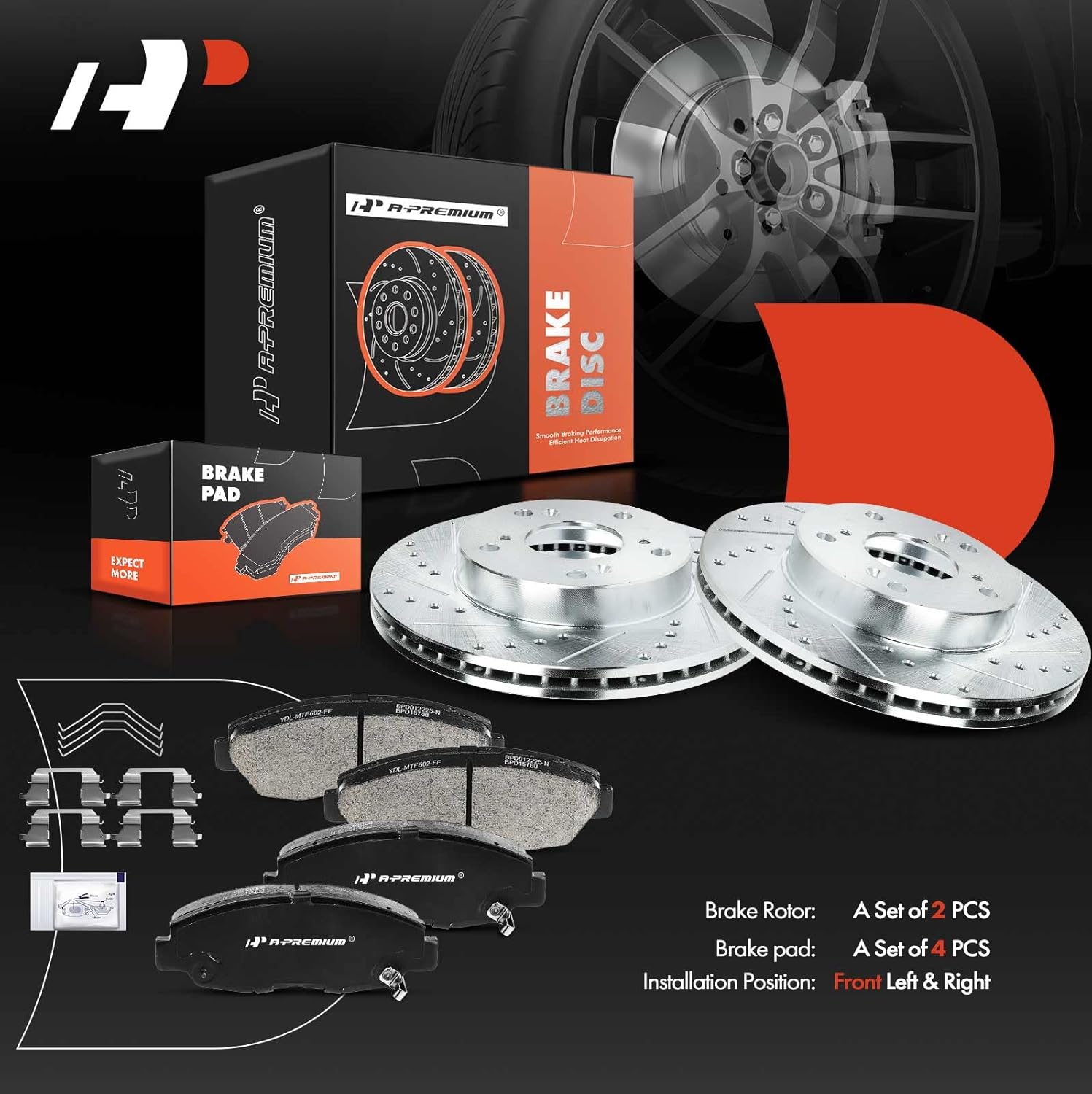 A-Premium 10.32 inch (262mm) Front Drilled and Slotted Disc Brake Rotors + Ceramic Pads Kit Compatible with Honda Models - Civic 2012, Civic 2013-2015 (Manual Transmission), 1.8L, 6-PC Set