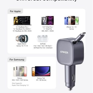 Anker USB-C Car Charger, 75W Max Ultra-Compact Type-C Fast Car Charger with Built-in Retractable Cable Car Adapter for iPhone 15/14 Series, Samsung S24/S23, MacBookPro/Air, iPad, and More
