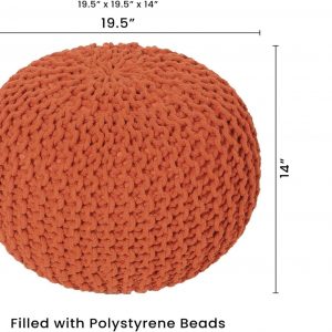 REDEARTH Round Pouf Ottoman - Hand Knitted Cable Boho Poof - Pouffe Circular Footrest for Living Room - Bedroom - Patio - 100% Cotton (19.5"x19.5"x14") - Burnt Orange