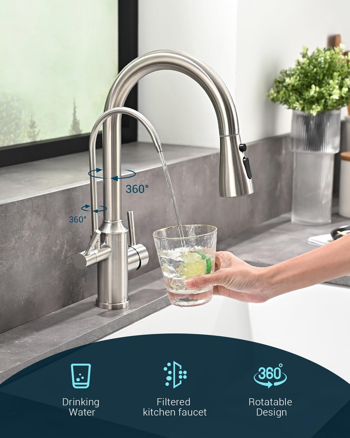 APPASO Kitchen Faucet with Water Filter, Pull Out 3 Way Sink Faucets with Sprayer, High Arch 2 Handle Faucet - 2 in 1 Faucets Brushed Nickel, Without Water Filtration Device