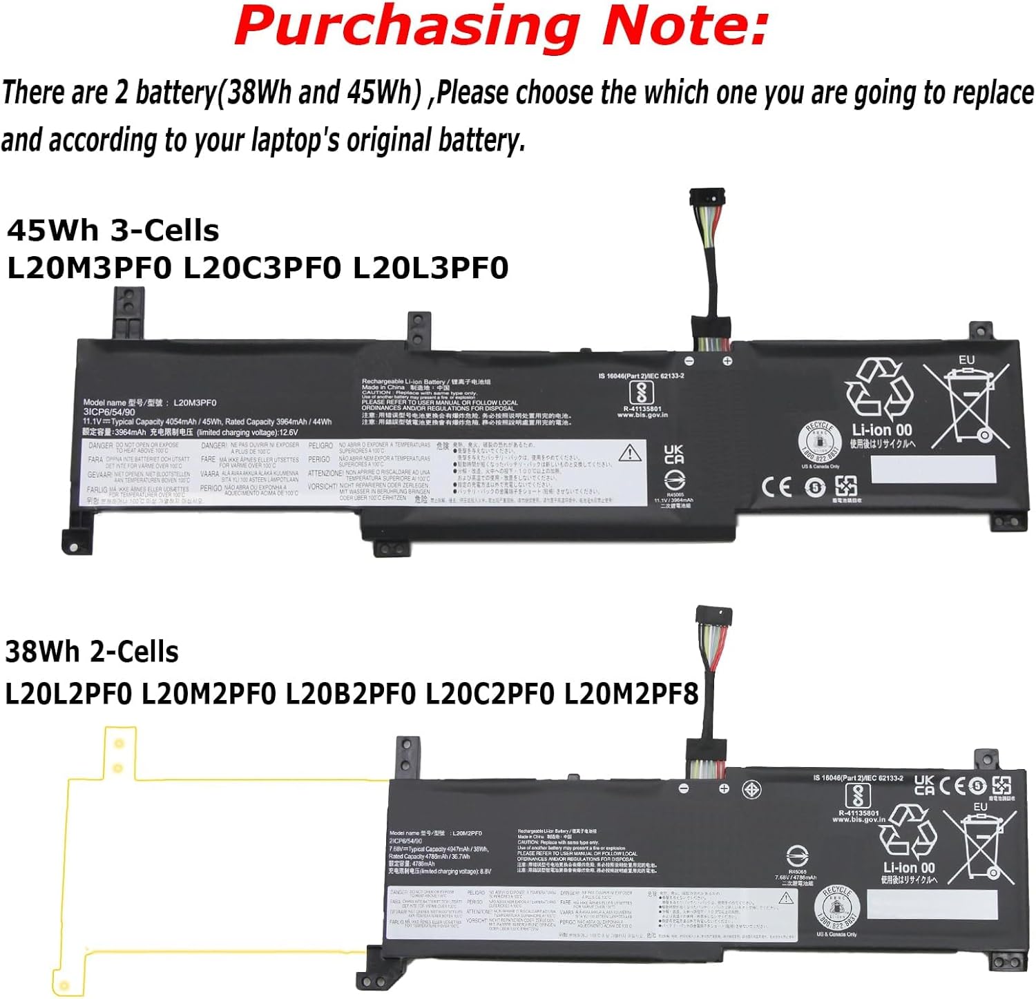 L20M3PF0 Laptop Battery Compatible with Lenovo IdeaPad 3-14ITL6 3-15ITL6 3-17ITL6 / S14 V14 V15 V17 G2-ITL G3-IAP / K14 Series L20C3PF0 L20L3PF0 L20M3PF0 45Wh 4054mAh 11.1V