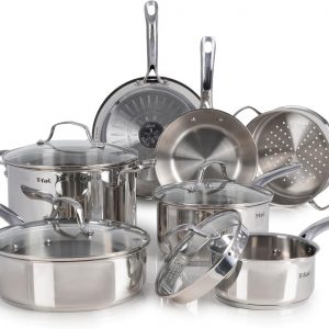 T-fal Juego de utensilios de cocina de acero inoxidable, 11 piezas, utensilios de cocina de inducción, aptos para horno hasta 500 °F, juego de cocina con sartenes, ollas y sartenes, horno holandés