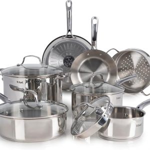 T-fal Juego de utensilios de cocina de acero inoxidable, 11 piezas, utensilios de cocina de inducción, aptos para horno hasta 500 °F, juego de cocina con sartenes, ollas y sartenes, horno holandés